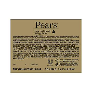 Pears Pure & Gentle Soap Bar (Buy 4 get 1 free) - With Glycerin for Soft, Glowing Skin & Body, Paraben-Free Body Soaps For Bath